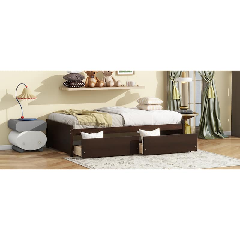 Roomfitters Twin Rubber Wood Bed Frame with Two Pull-Out Storage Units, Low Profile Platform Design