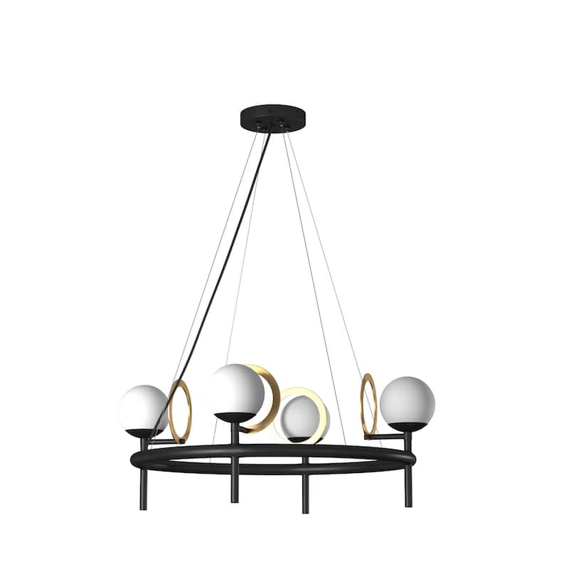EVOLV Fusion Halo 4-Light Matte Black with Brass Ring Chandelier with Opal Glass