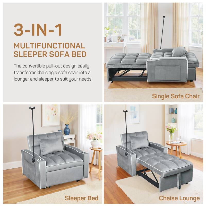 37 in. W 3-in-1 Convertible Chair Bed Suede Pull Out Twin Size Sofa Bed with USB Ports, Cup & Phone Holder