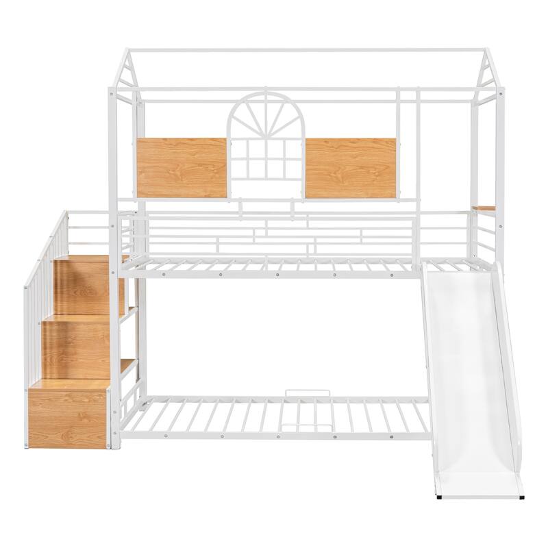 Playful Twin Over Twin Metal Bunk Bed with Slide, Storage Stairs, and House Design for Kids' Rooms