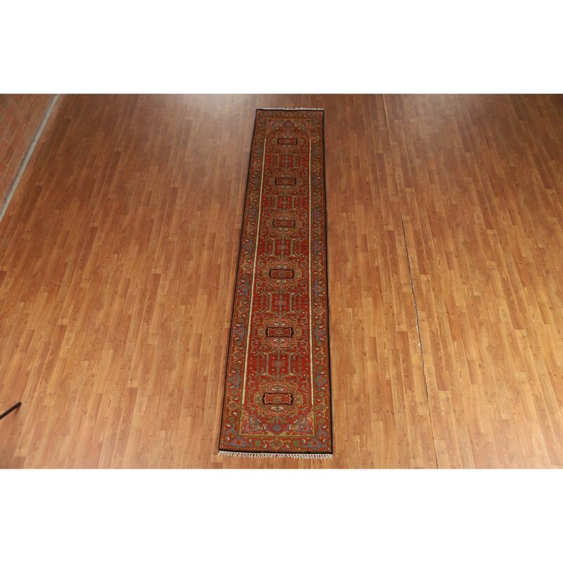 Hand Knotted Oriental 100% Wool Carpet Traditional Geometric Oranges & Rust Heriz (serapi) Runner Rug - 11' 10'' X 2' 6''