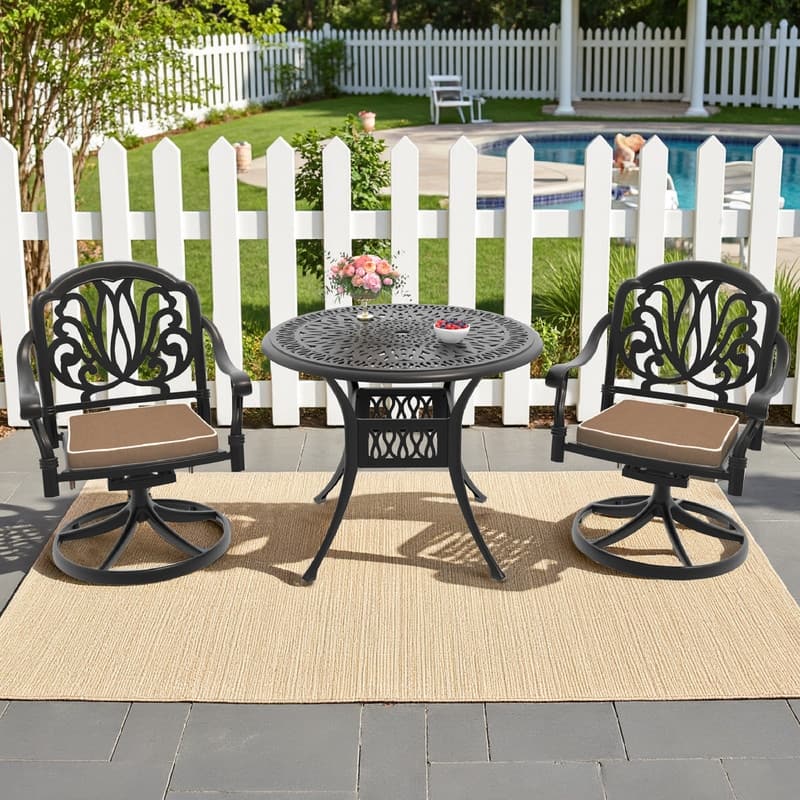 3-Piece Aluminum Round Outdoor Patio Dining Set, 2 Cushioned Swivel Chairs, Table, All-Weather Frames
