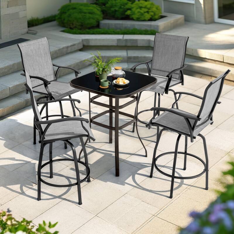 Patio 5-Piece Bar Set with Umbrella Hole, Swivel Textilene Bar Stools