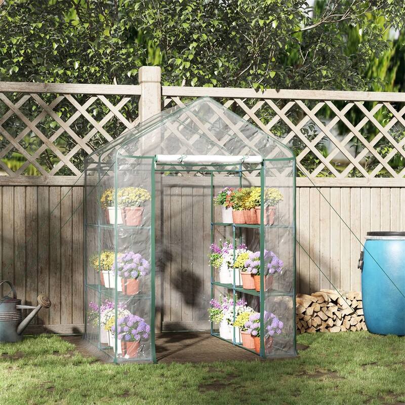 Clear Plastic Steel Frame Walk-In Greenhouse with Shelves and Cover - Clear-56.25" L x 56.25" W x 76.75" H