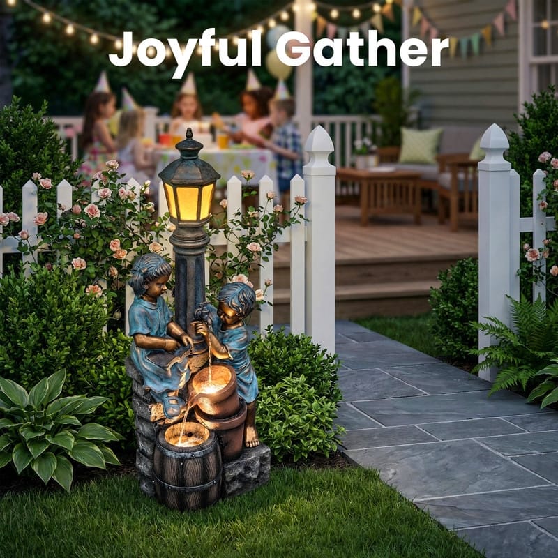 Vbal 3-Tier Outdoor Fountain with Kid and Owl Figures with LED Lights Weather Resistant for Outdoor Decor