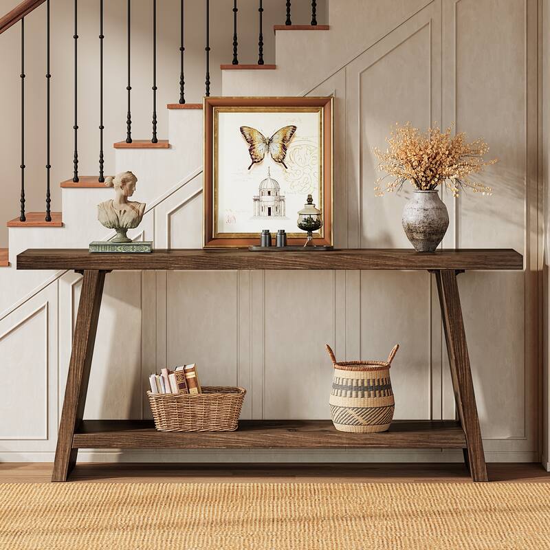 70.9" Solid Wood Console Table 2-tier Narrow Long Sofa Table