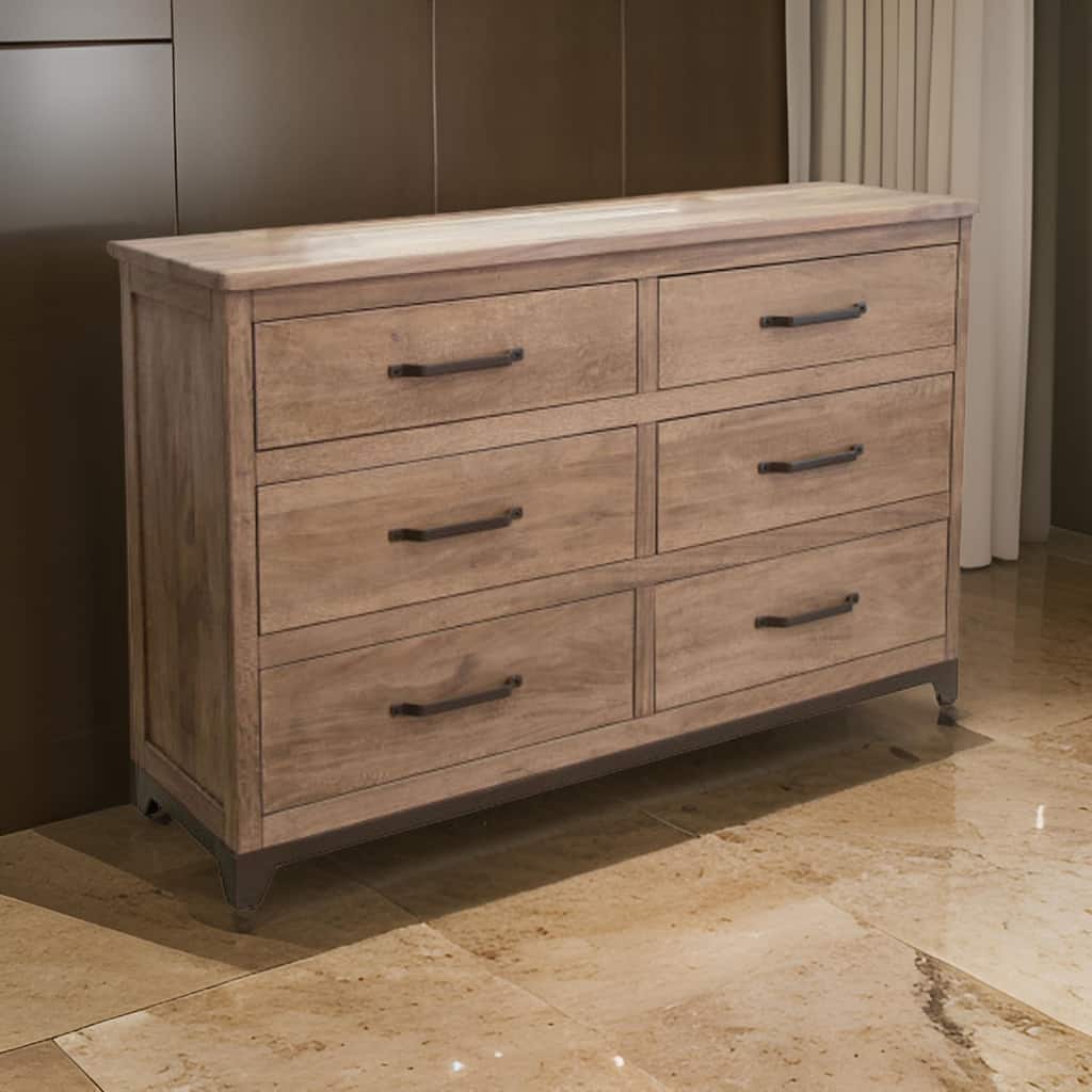 Umey 62 Inch Dresser, 6 Drawers, Metal Handles, Light Natural Brown Wood