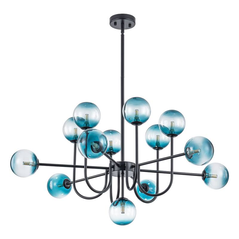 13-Light Mid-Century Modern Gold/Black Linear Sputnik Gradient Blue Glass Globe Bubble Chandelier for Living Room