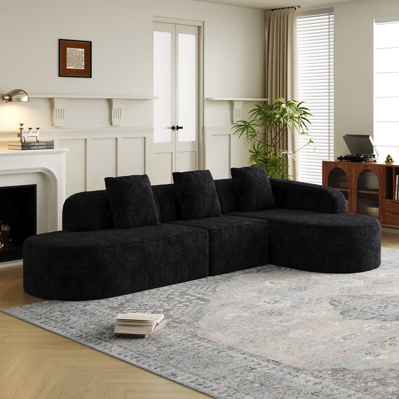 Curved Modular Sofa with Chaise Lounge, Full Compression Upholstered Boneless Sofa, Corner 3 Seater Sofa with 3 Pillows