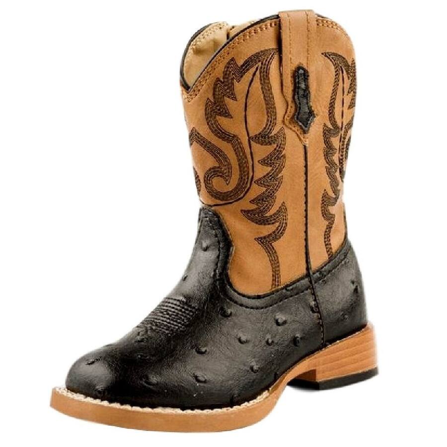 Roper Western Boots Boys Faux Ostrich Black Tan 09-017-1900-0050 BL