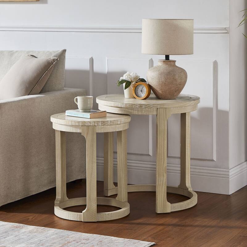 24 inch 2PCS Curved Traditional Round Circle Wooden Coffee Table Set, Mid Century Rustic Style Side Table, End Table