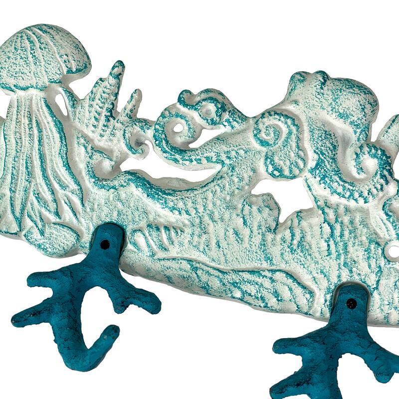 Cast Iron Sealife Plaque With Coral Hooks - Coastal Wall Decor - 5.75 X 15.5 X 2 inches