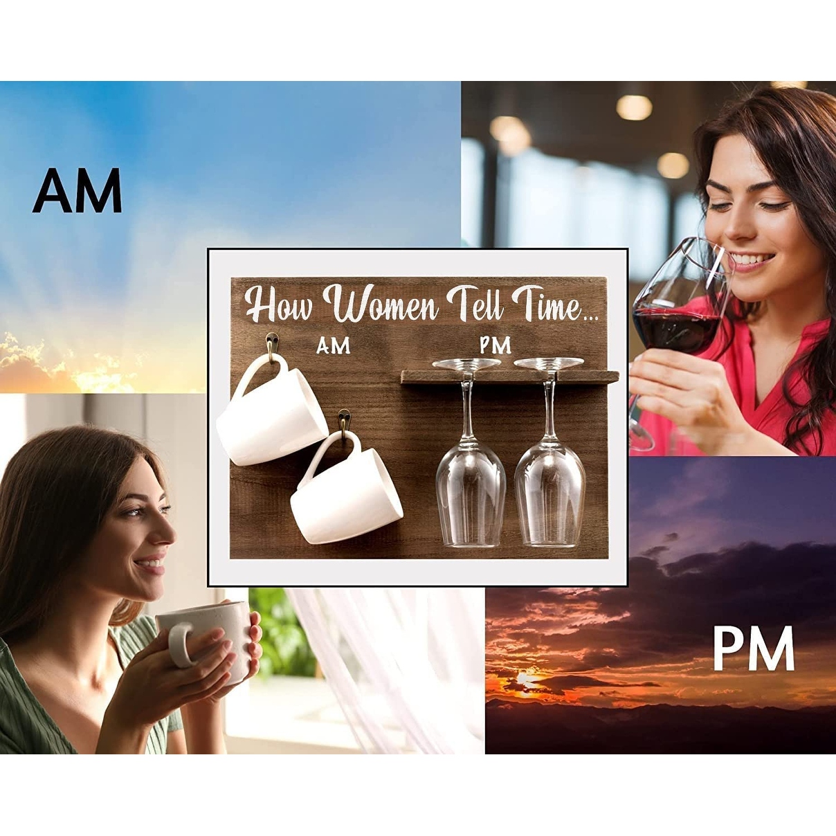 How Woman Tell Time Wall Mounted Wine Rack Unique Funny Gift for Her 2 Wine Glasses and 2 Coffee mugs Included Bed Bath Beyond 35398265