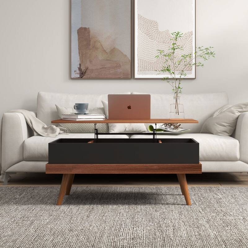 HOMCOM Lift Top Coffee Table, 39.25" Coffee Table with Hidden Compartments and Wood Legs