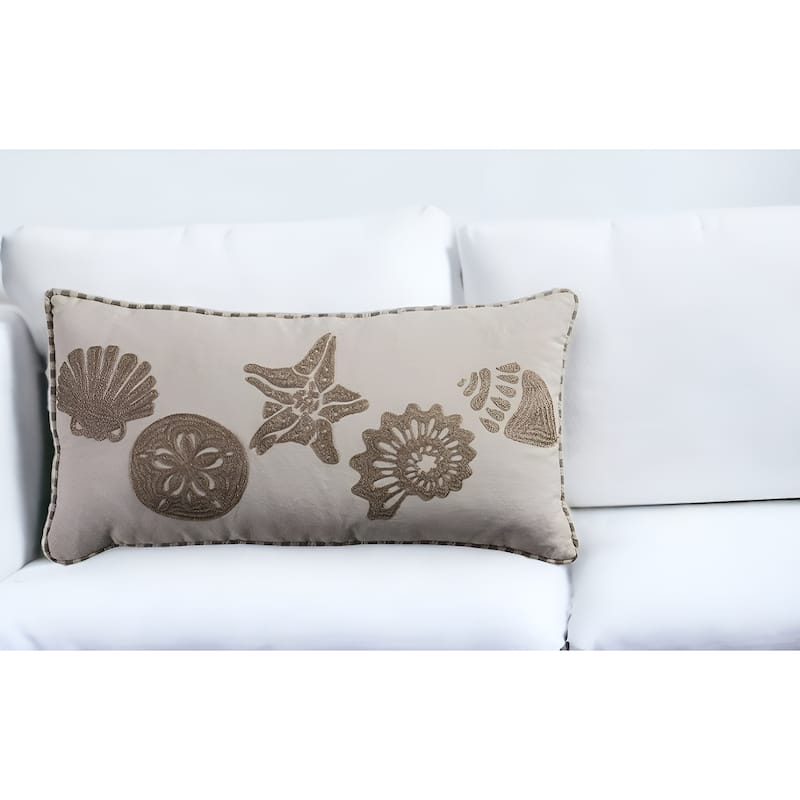 HomeRoots 11" X 21" Beige and Khaki Seashells Cotton Throw Pillow with Embroidery - Khaki