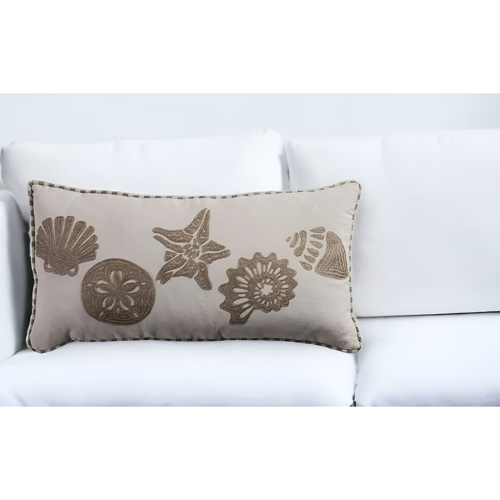 HomeRoots 11" X 21" Beige and Khaki Seashells Cotton Throw Pillow with Embroidery