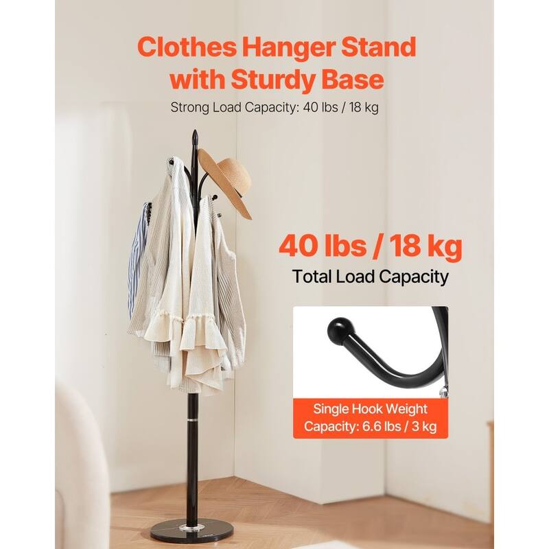 Black Freestanding 6 Hooks Coat Rack with Marble Base and Sturdy Carbon Steel Stand for Entryway - 14.57” x 14.57” x 70.87”