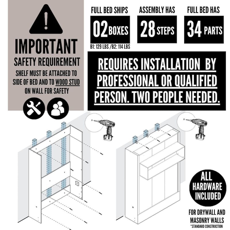 Easy-Lift Full Murphy Wall Bed with Two Bookshelves