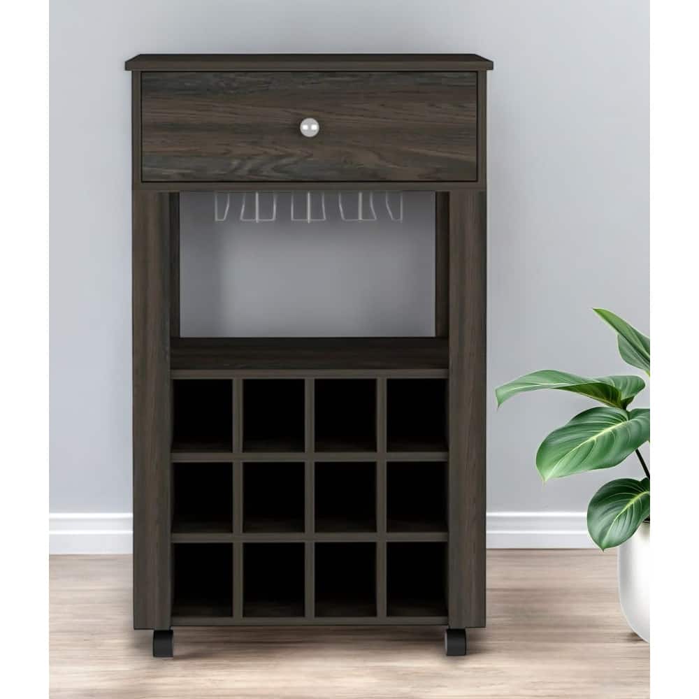 HomeRoots Espresso Rolling Bar Cart With Wine Storage - 23.62 in. x 39.37 in. x 13.98 in.