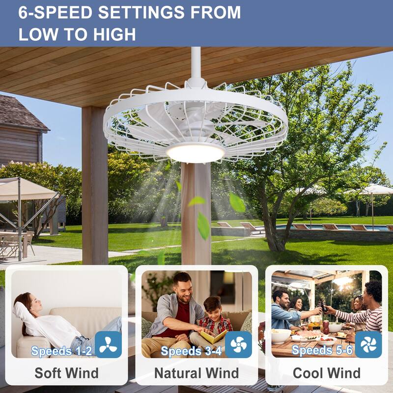 Outdoor Ceiling Fan with Light: 20 Inch Waterproof Gazebo Hanging - Plug in Remote App Control Caged Fans - 6 Speed Black