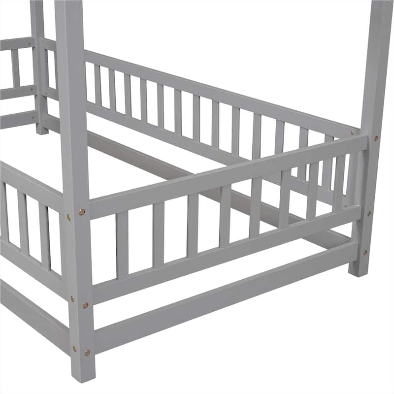 Floor Wooden Bed with House Roof Frame