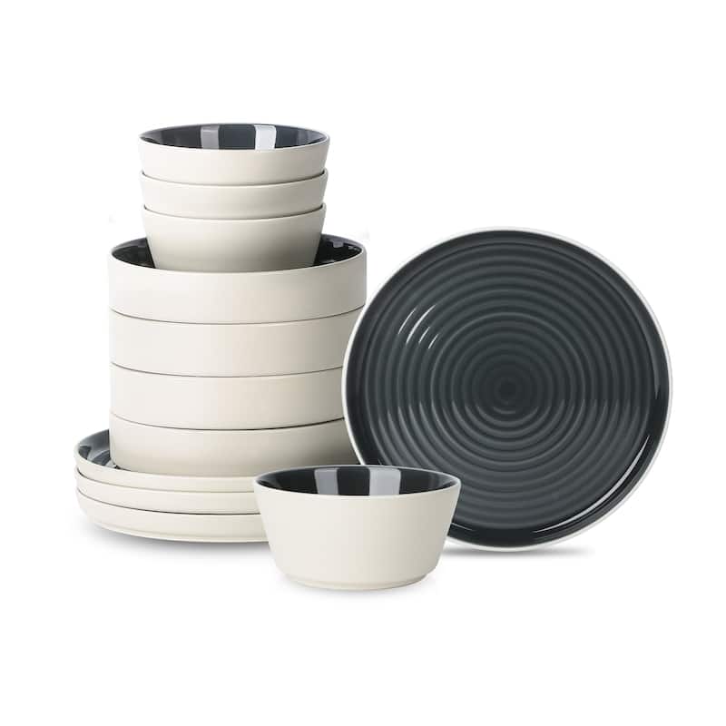 Stone Lain Elica Stoneware Dinnerware Set - 12 Piece - Black and Beige