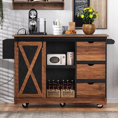 55.5" Farmhouse Kitchen Island – Features Drop Leaf, Barn Door Storage, Power Outlet & Wheels, Includes Spice Rack‌