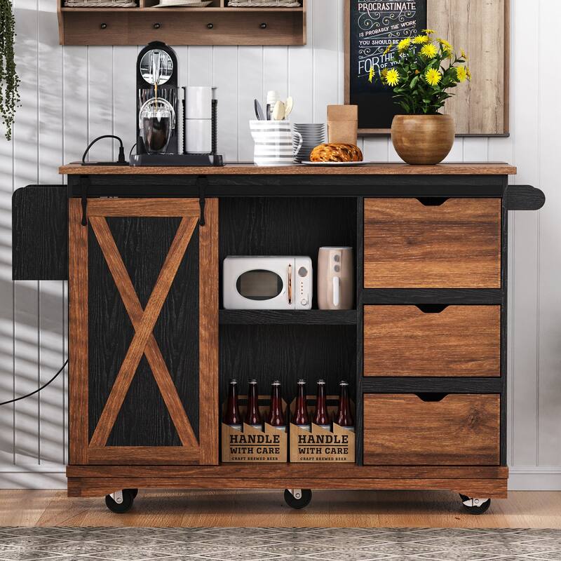 55.5" Farmhouse Kitchen Island with Drop Leaf, Kitchen Storage Island with Barn Door, Power Outlet