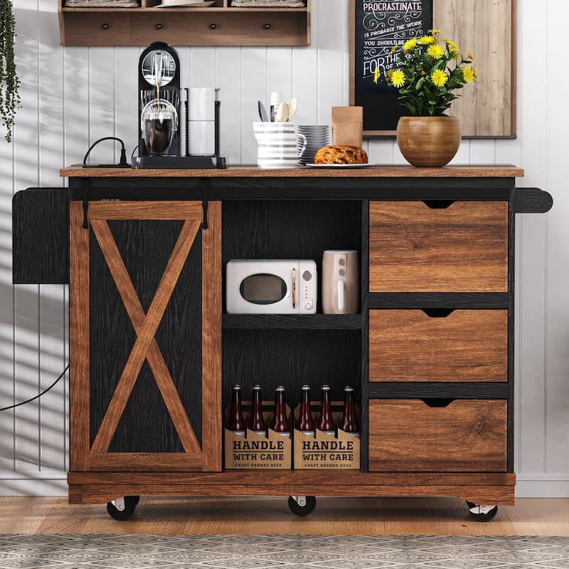 Farmhouse Kitchen Island with Drop Leaf, Sliding Barn Door, Power Outlet, Rolling Storage Cart with Spice Rack, Lockable Wheels