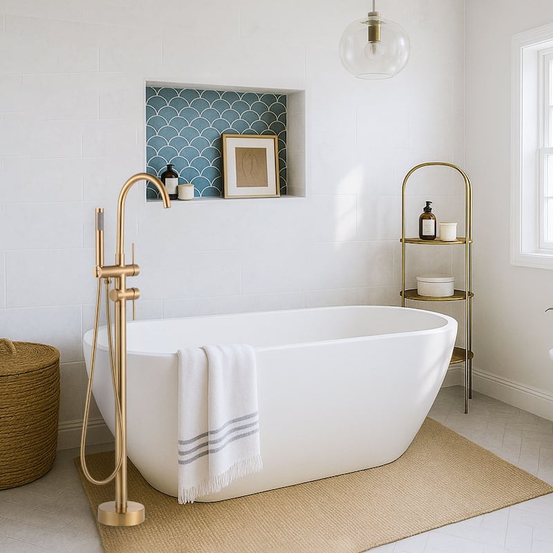 WOWOW Double Handle Freestanding Tub Faucet with Handheld Shower - Brushed Gold