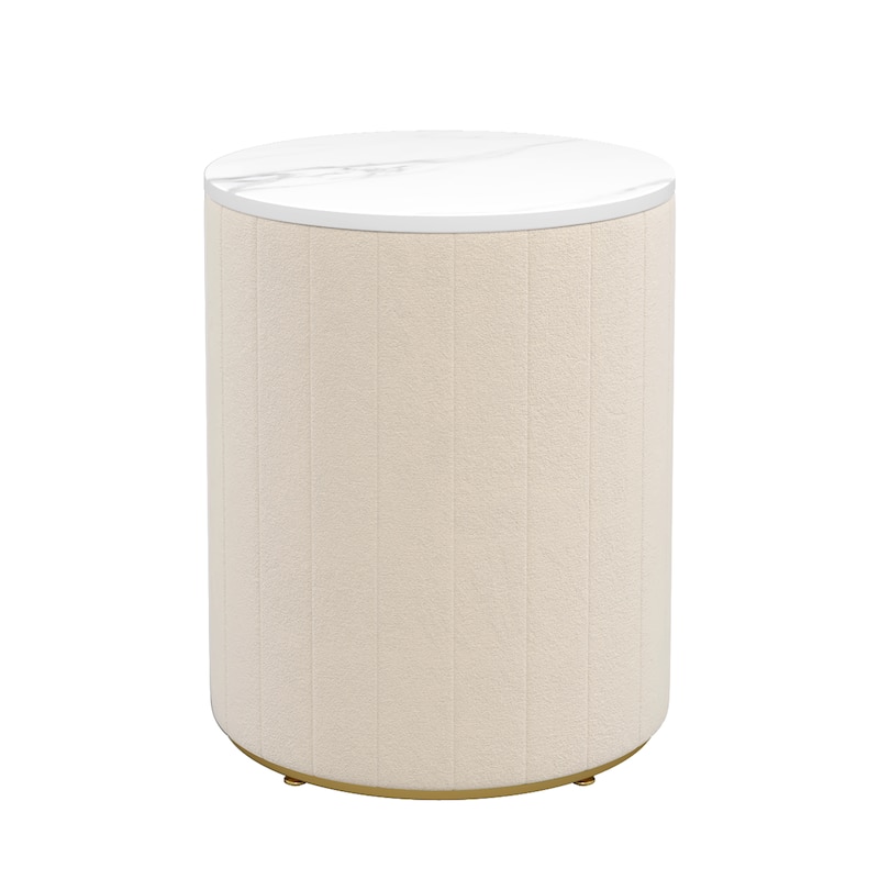 Round Nightstand with 3 Drawers, Velvet Upholstered Storage Cabinet, Sofa Side Table with Marble Table Top & Metal Legs