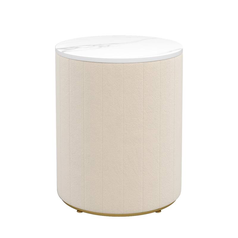 Set of 2 Upholstered 3-Drawer Nightstands - Round Marbling Top Bedside Table (Fully Assembled Except Handles, Beige)