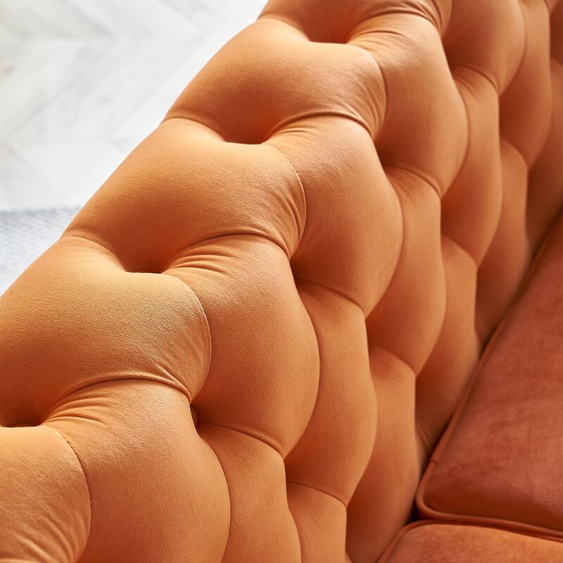 Tufted Velvet Sofa with Golden Metal Frame, Diamond-Stitched Design, and Foam Cushion for Living Room