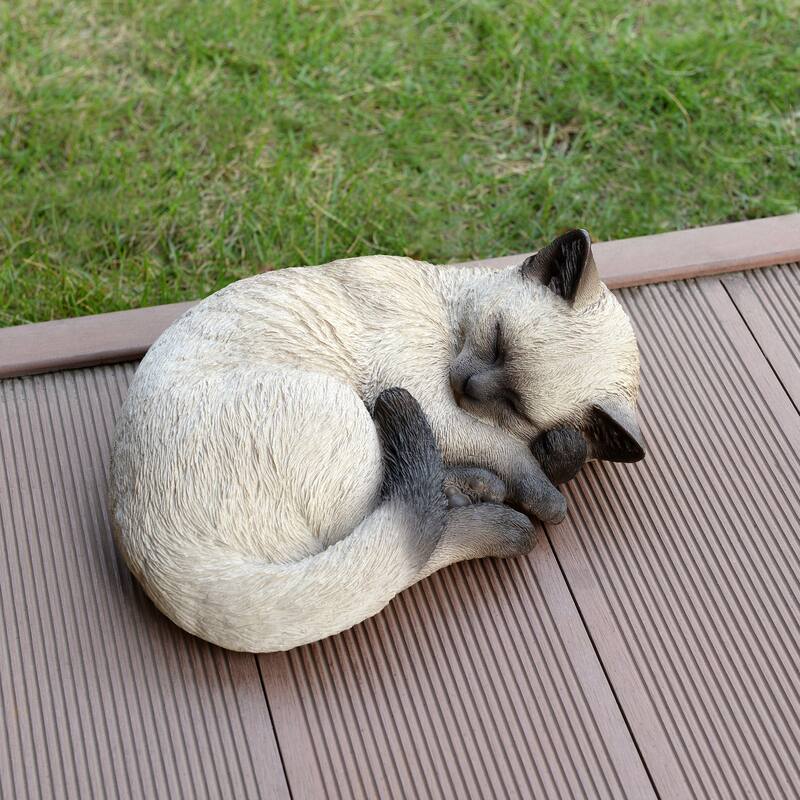 Sleeping Siamese Cat Outdoor Garden Statue - 7.75"