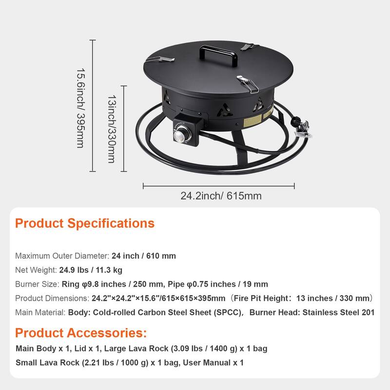 Black Steel Smokeless Propane Gas Fire Pit, Portable with Flame Control