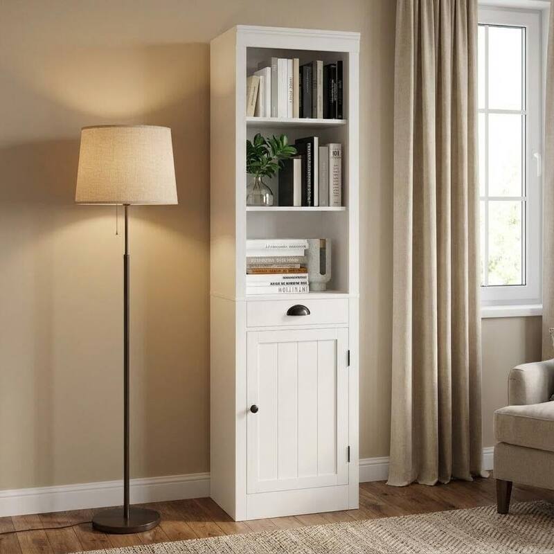 71 inch Tall Narrow Storage Bookcase with Drawers - White