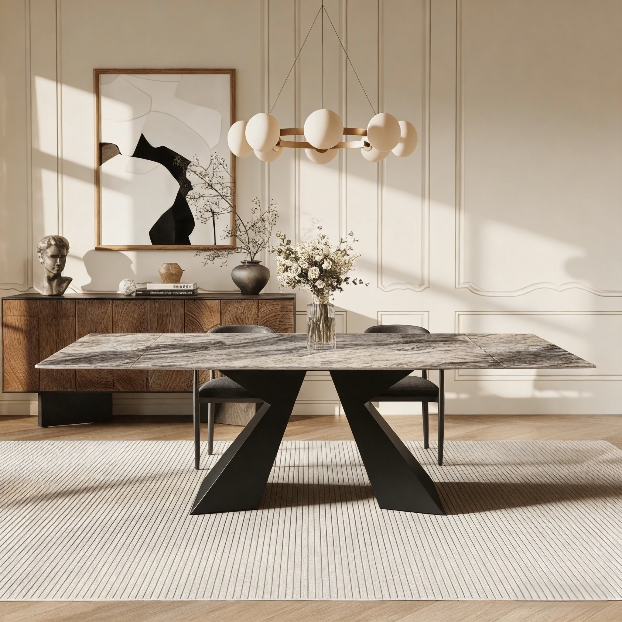 Minimalism Extendable Rectangular Sintered Stone Double Pedestal Dining Table Seat For 8-12 - 110.24"