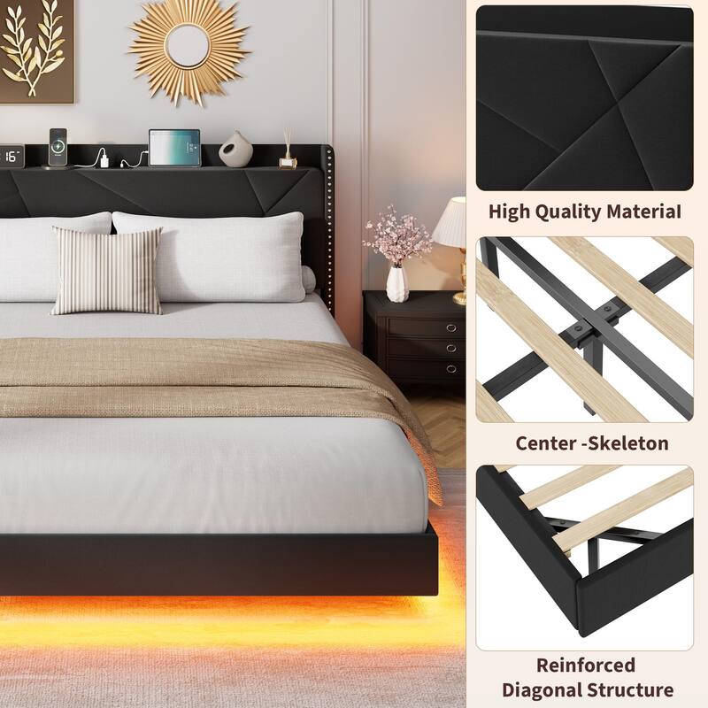 Full/Queen Floating Bed Frame with LED Lights & Charging Station, Upholstered Platform Beds with Storage Headboard