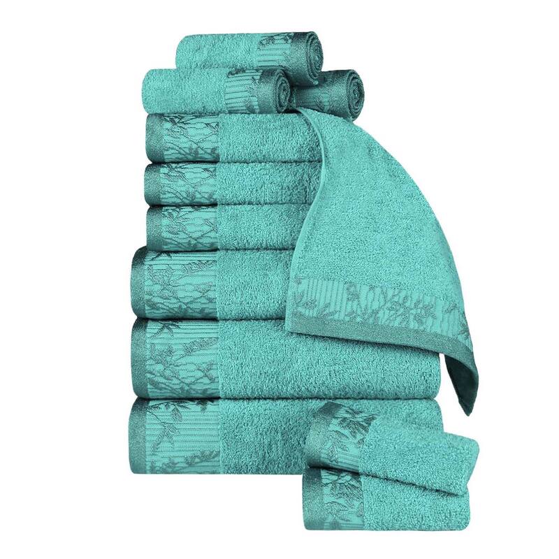 Superior Wisteria Cotton Floral Jacquard 12 Piece Bathroom Towel Set - Turquoise