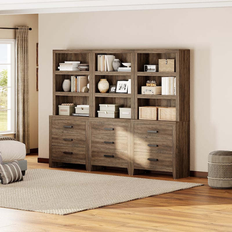 3-Tier Bookshelf with 3 Large Drawers, 74" Tall Farmhouse Bookcase with Wide Metal Handles, for Living Room, Office, Library