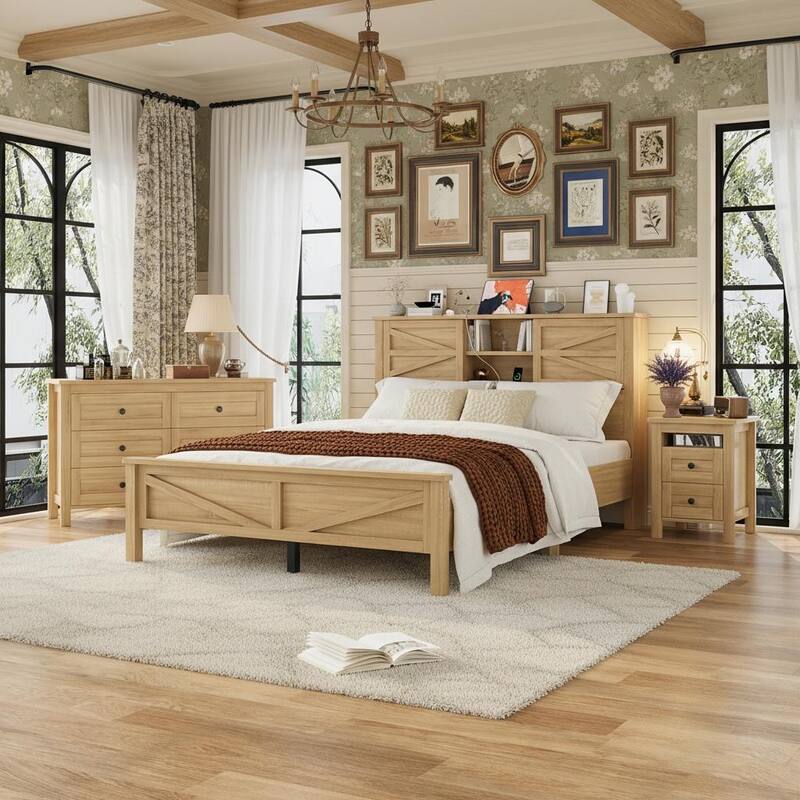 Farmhouse 3-Piece Bedroom Set with Sliding Storage Headboard & Charging Station by Harper&Bright Designs - Natural - Queen
