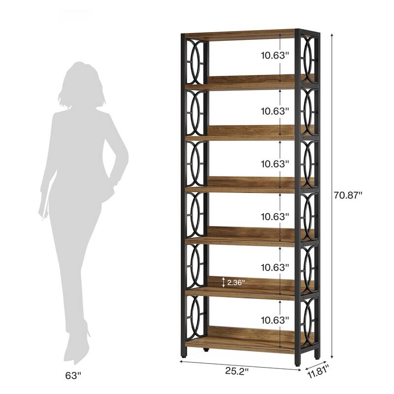 6-Tier Bookshelf, 70.86-Inch Tall Bookshelf, Industrial Freestanding Display Shelf