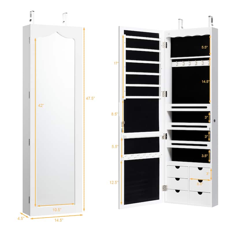Wall Door Mounted LED Mirror Jewelry Cabinet Lockable Armoire