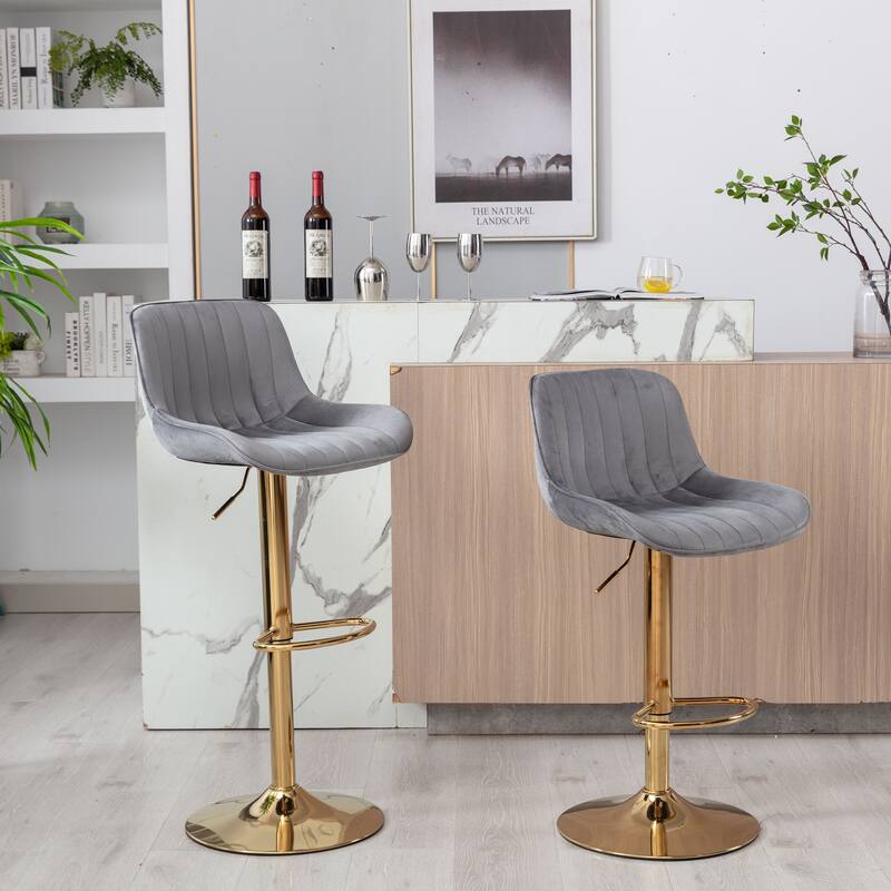 2 Velvet Bar Stools with Chrome Footrest and Base Swivel Height Adjustable - N/A