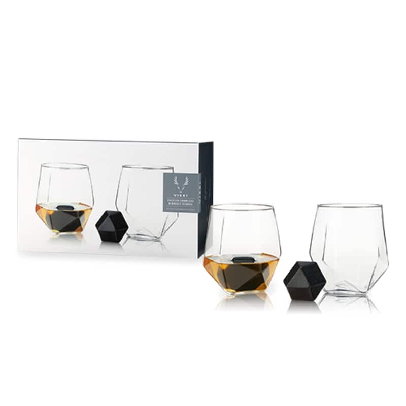 Viski 4 Piece Faceted Tumbler and Hexagonal Basalt Stone Set Set of 2 Crystal Glasses