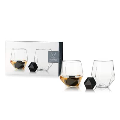 Viski 4 Piece Faceted Tumbler and Hexagonal Basalt Stone Set Set of 2 Crystal Glasses