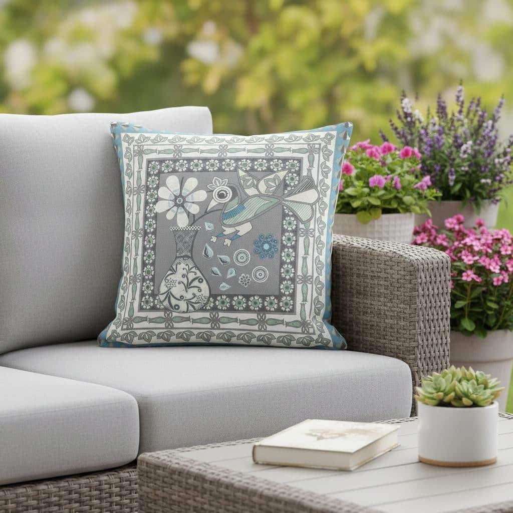 HomeRoots 16" x 16" Gray and White Peacock Blown Seam Floral Indoor Outdoor Throw Pillow - 16.00' X '5.00' X '16.00