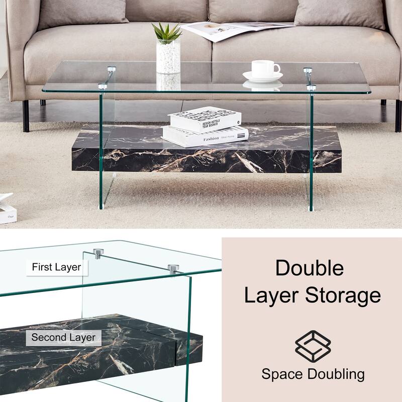 40.3-Inch Sturdy Double-Layer Coffee Table - Tempered Glass Tabletop And Table Legs,With A Load-Bearing Capacity Of 250 Pounds