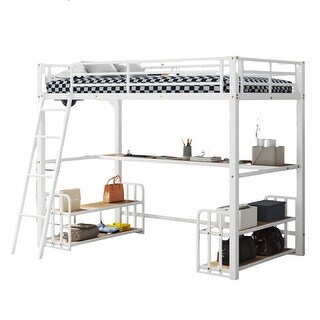 Loft Bed with Metal Frame, Integrated Desk, Storage Shelving, and Built-in Charging Station