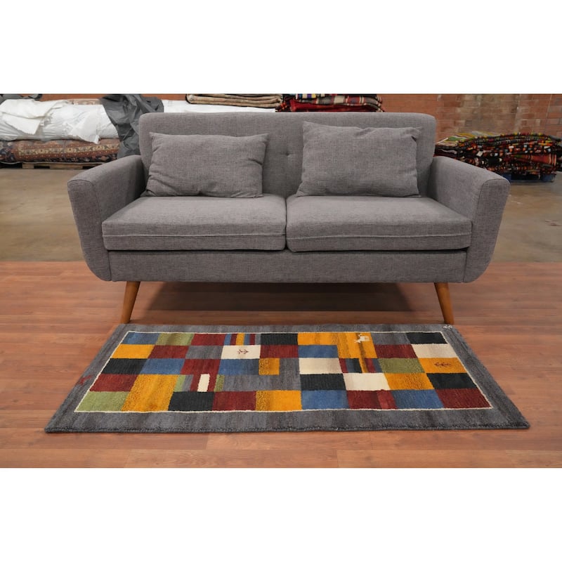 Hand Knotted Oriental 100% Wool Carpet Modern Geometric Multi-Colored Gabbeh Runner Rug - 4' 7'' X 2' 3''
